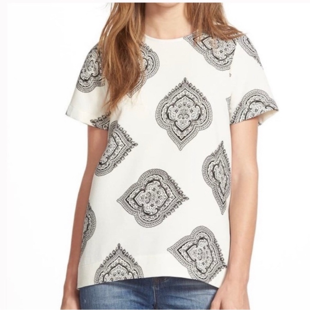 Madewell Women's White And‎ Black Paisley Print Short Sleeve Relaxed Blouse- S